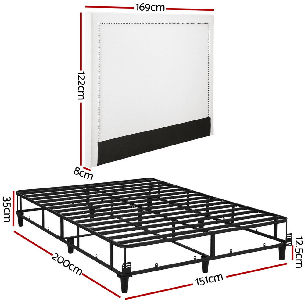 Queen Bed Frame | Fabric Headboard | Metal Platform Base | Grey Beige