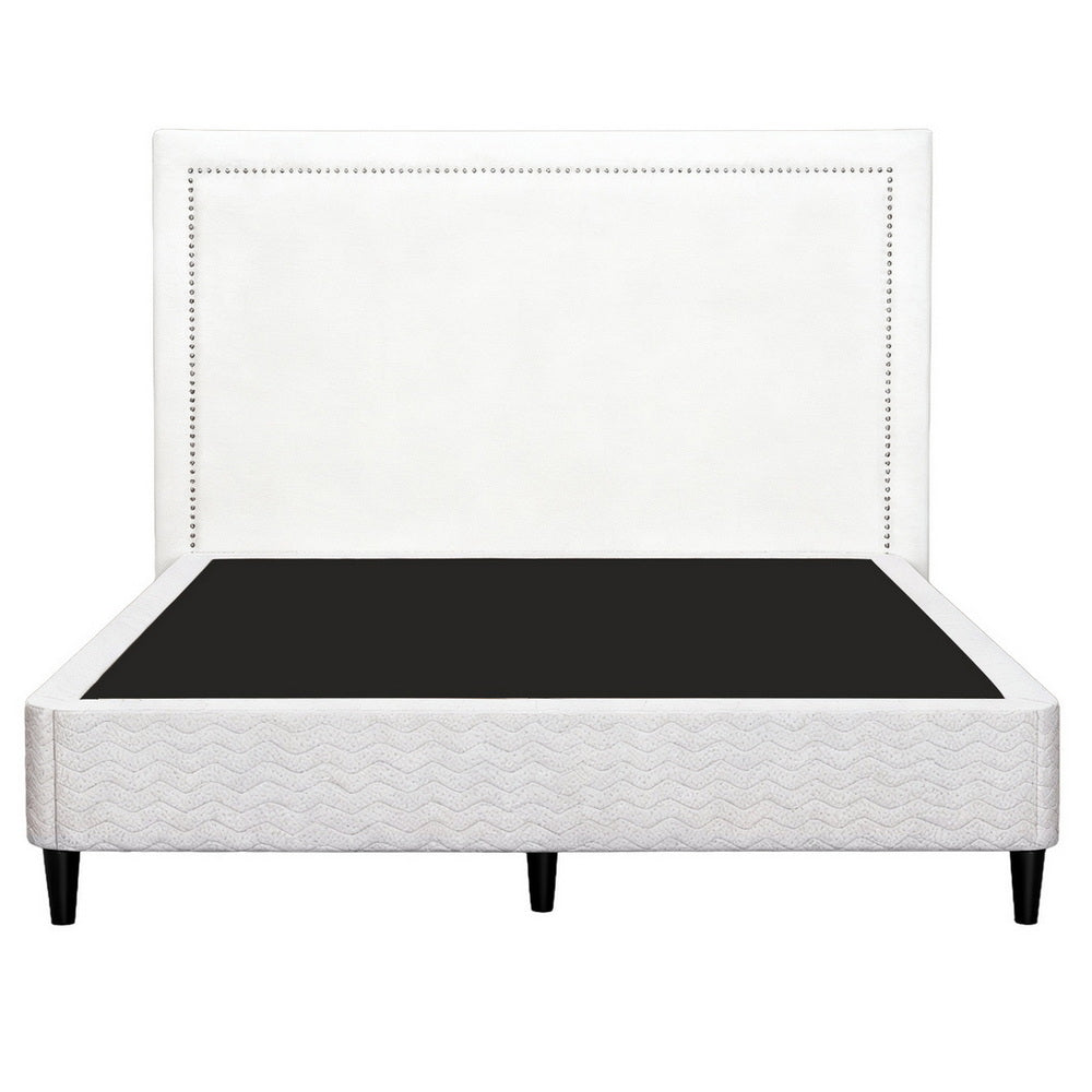 Queen Bed Frame | Fabric Headboard | Metal Platform Base | Grey Beige