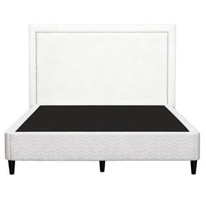 Queen Bed Frame | Fabric Headboard | Metal Platform Base | Grey Beige
