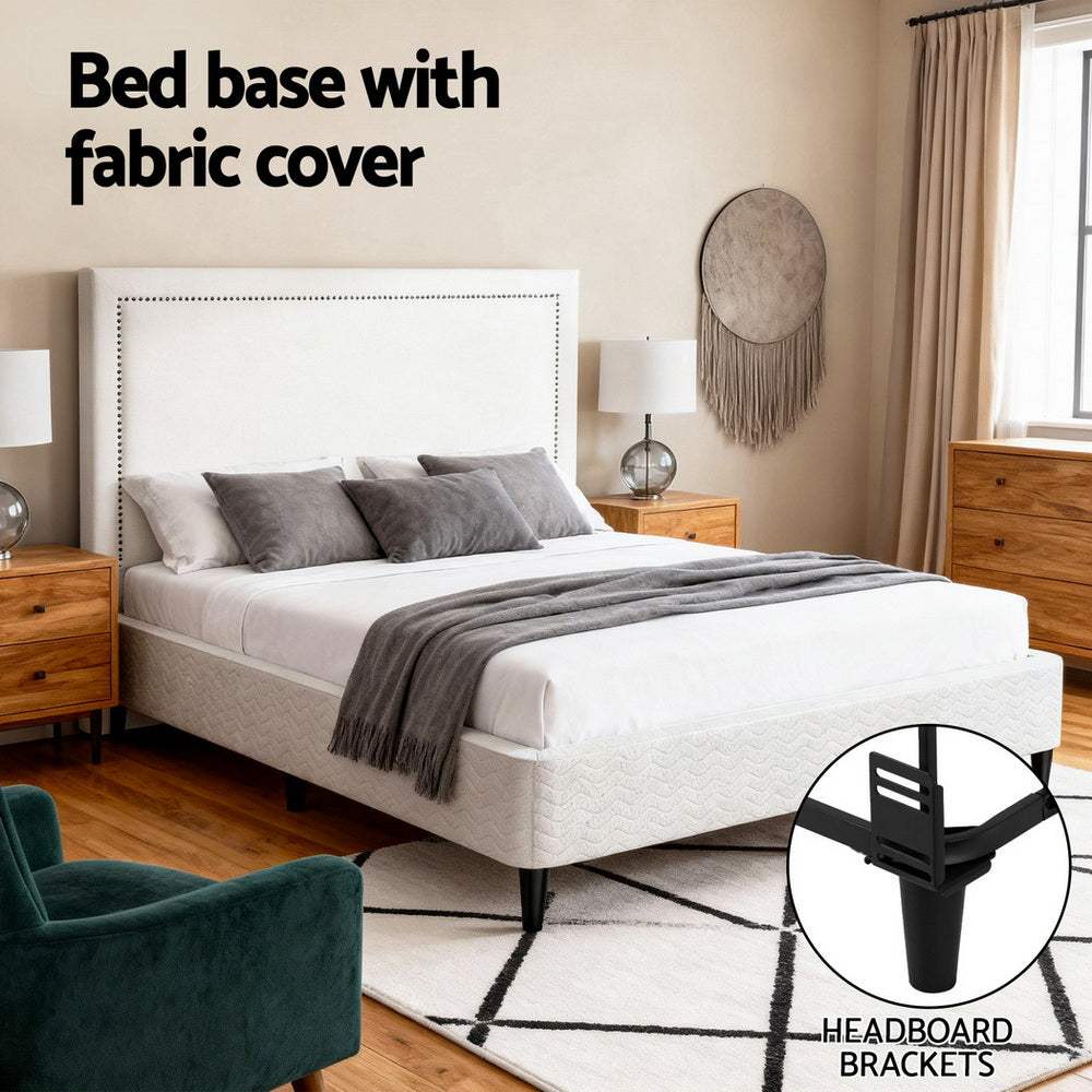 Queen Bed Frame | Fabric Headboard | Metal Platform Base | Grey Beige