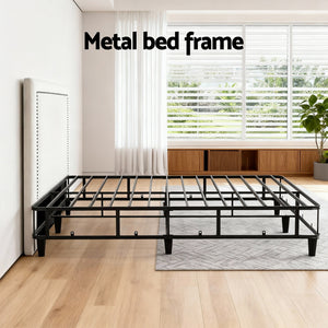 Queen Bed Frame | Fabric Headboard | Metal Platform Base | Grey Beige