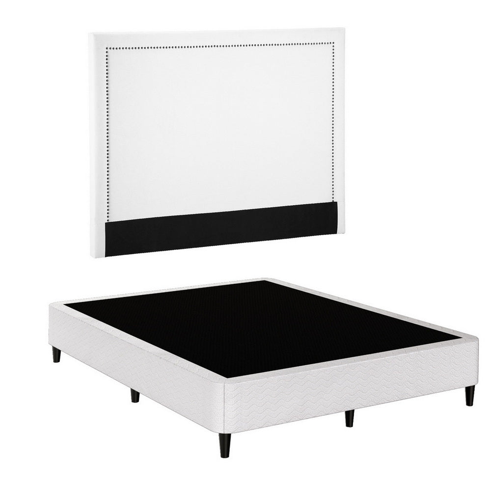 Queen Bed Frame | Fabric Headboard | Metal Platform Base | Grey Beige