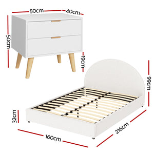 Queen Bed Frame & Bedside Table Set | Gas Lift Storage | Boucle Upholstered