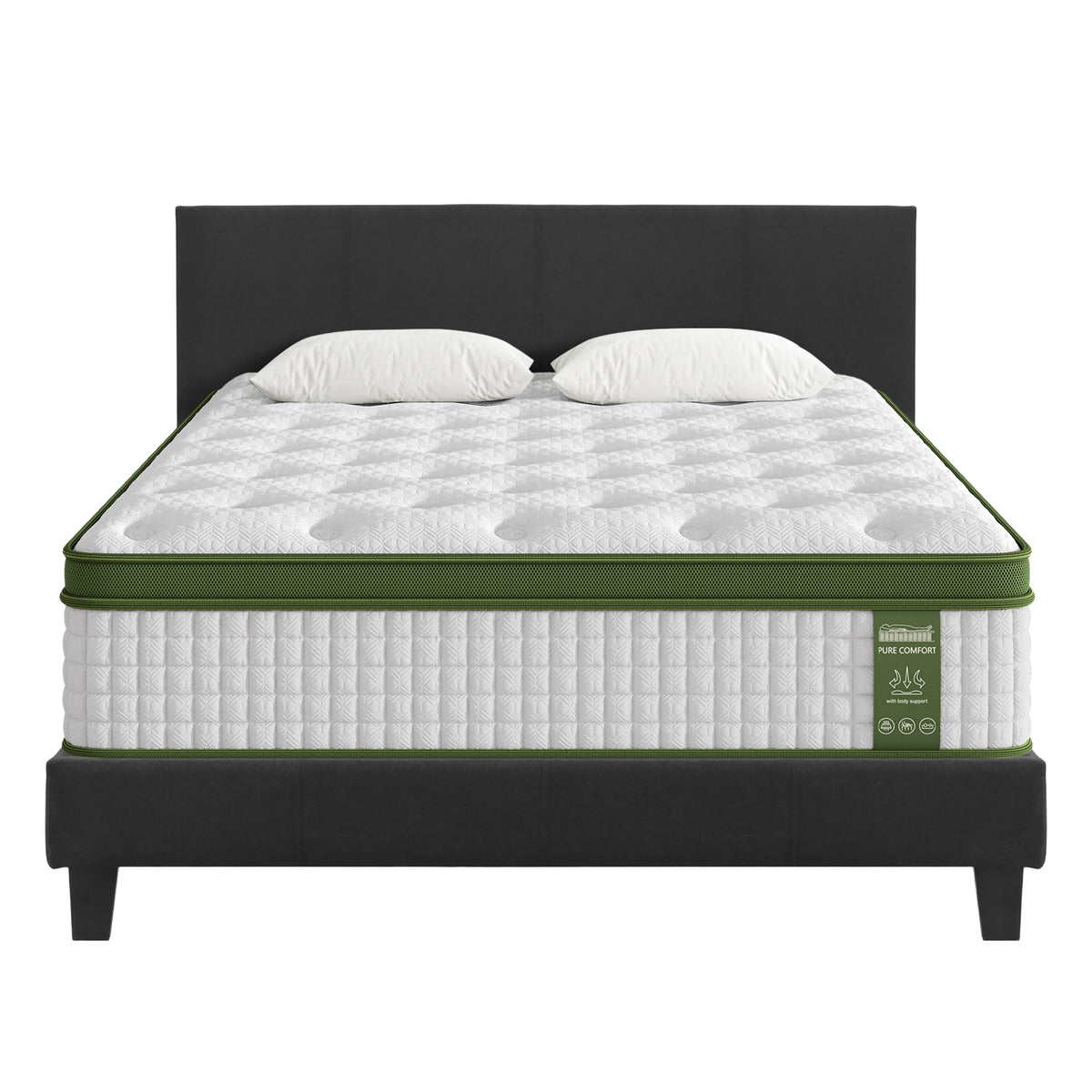 Queen Bed Frame + Hybrid Mattress Bundle | Upholstered Platform Base | Pocket Coil
