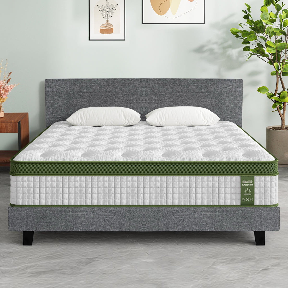 King Bed Frame + Hybrid Mattress Set | Medium Firm | Linen Upholstered | Grey