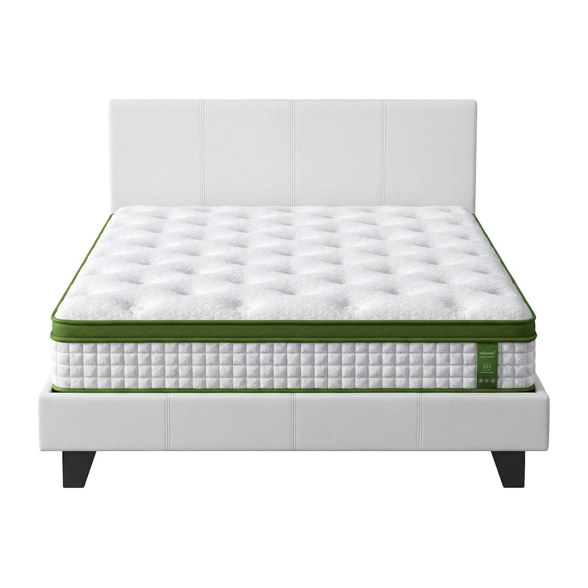 Double Bed Frame + Hybrid Mattress Set | White PVC Leather | Modern Platform