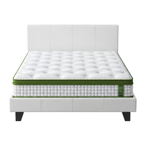 Double Bed Frame + Hybrid Mattress Set | White PVC Leather | Modern Platform