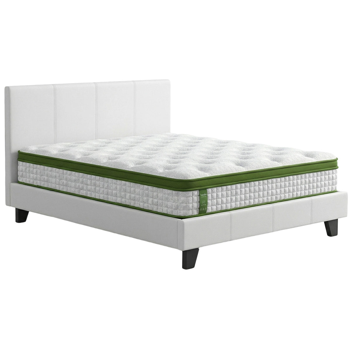 Double Bed Frame + Hybrid Mattress Set | White PVC Leather | Modern Platform