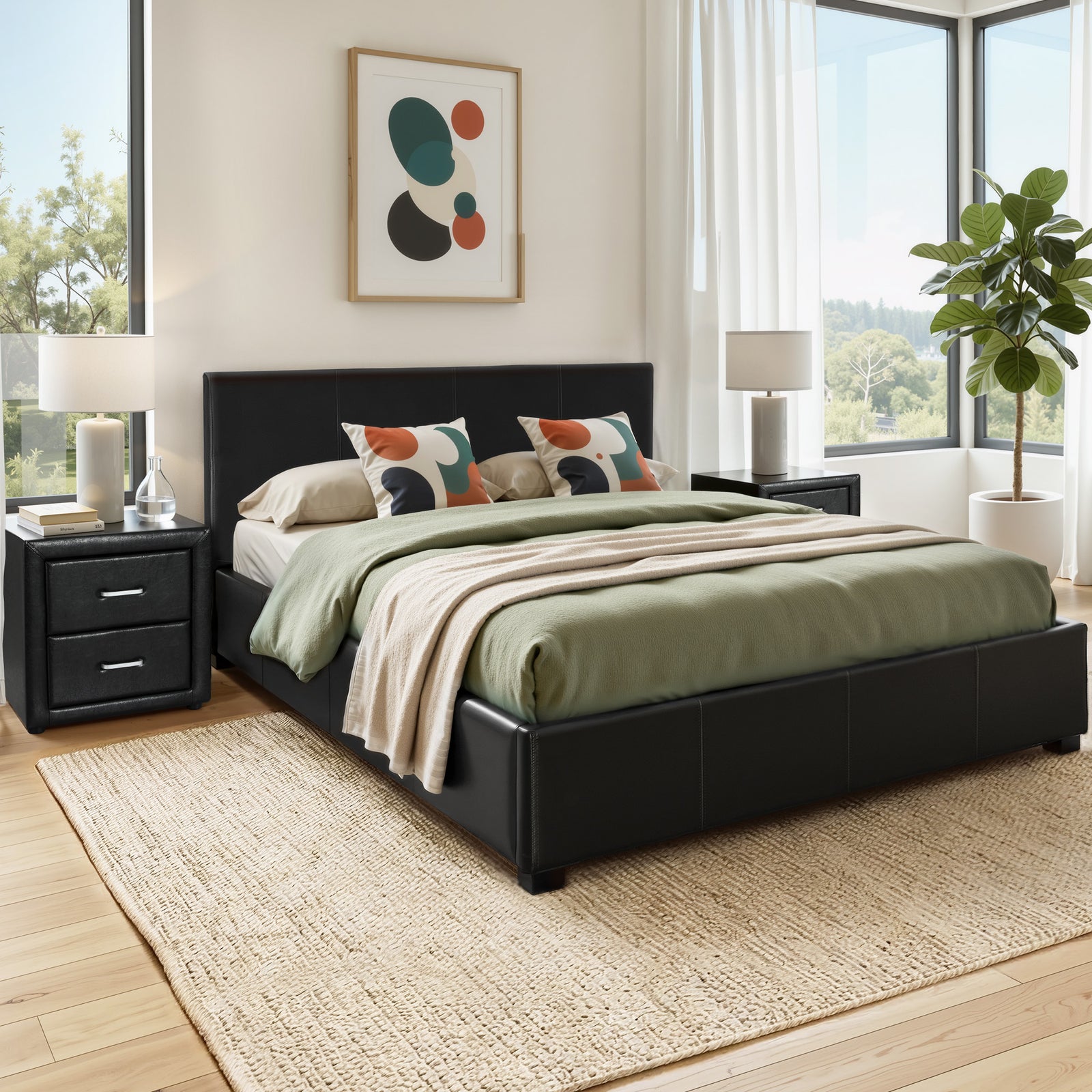 Queen Gas Lift Bed Frame Set | Leather Look Bed & Bedside Table | Black