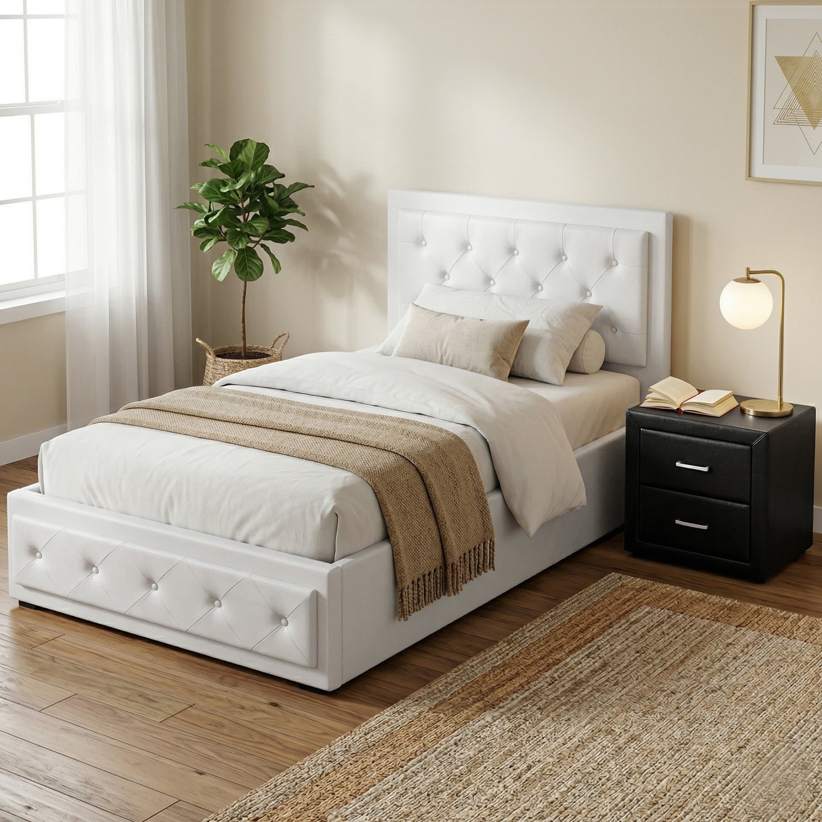 King Single Bed Frame Set | Gas Lift Storage Bed & Black Bedside Table