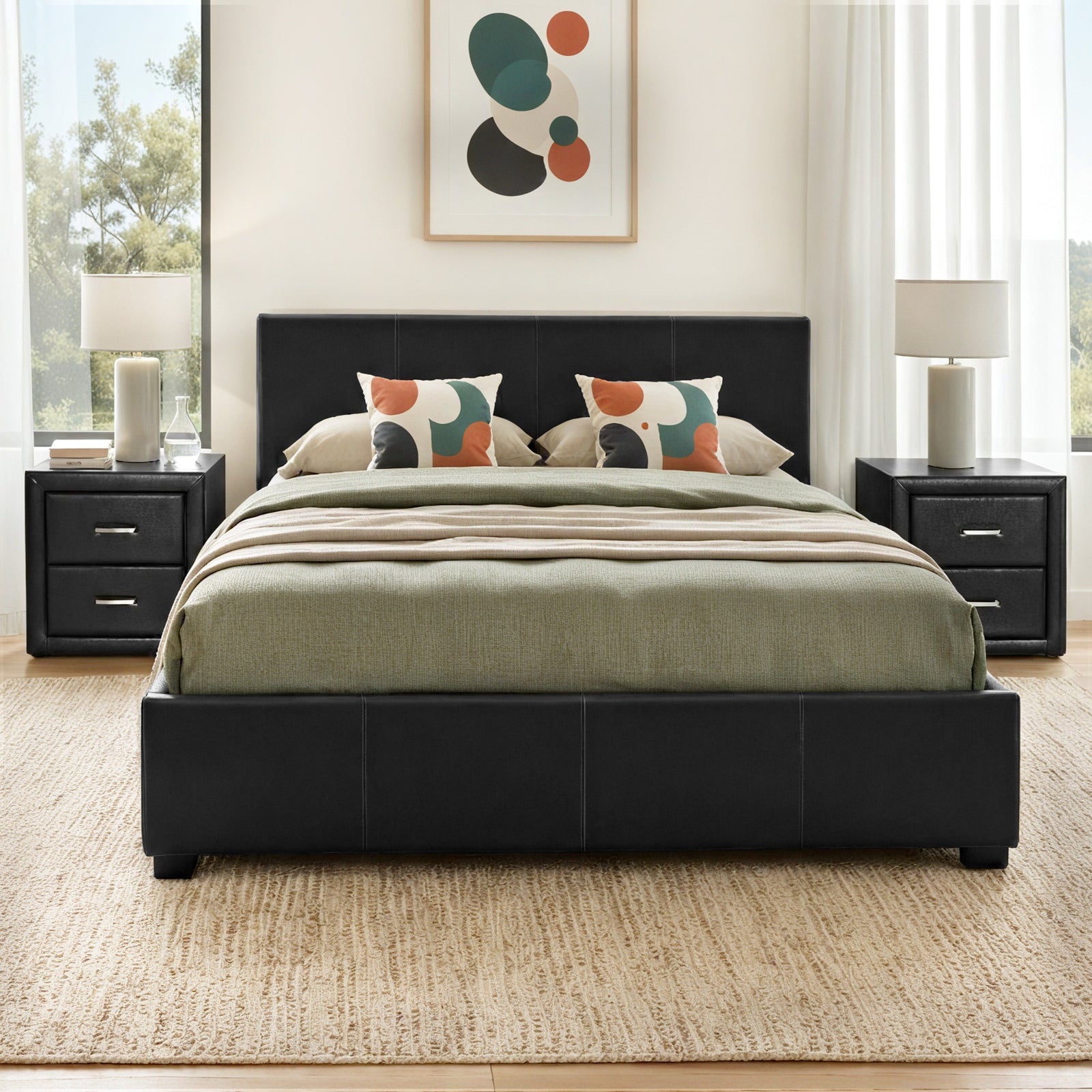 Queen Gas Lift Bed Frame Set | Leather Look Bed Base & 2 Bedside Tables | Black