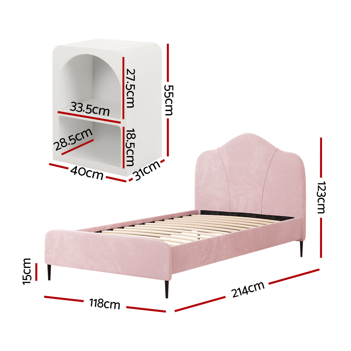 King Single Storage Bed Frame | Velvet | Includes Bedside Table | Pink