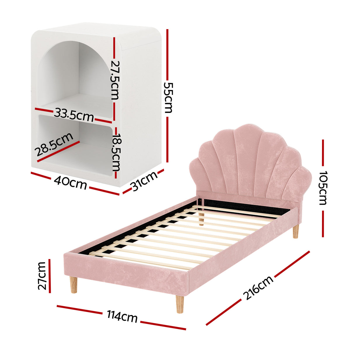 King Single Bed Frame + Bedside Table Set | Scallop Headboard | Pink Velvet