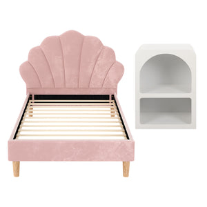 King Single Bed Frame + Bedside Table Set | Scallop Headboard | Pink Velvet