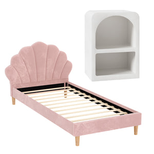 King Single Bed Frame + Bedside Table Set | Scallop Headboard | Pink Velvet