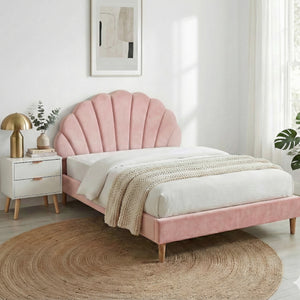 Double Bed Frame + Bedside Tables Set | Scallop Headboard | Pink Velvet | 2 Drawer Nightstands