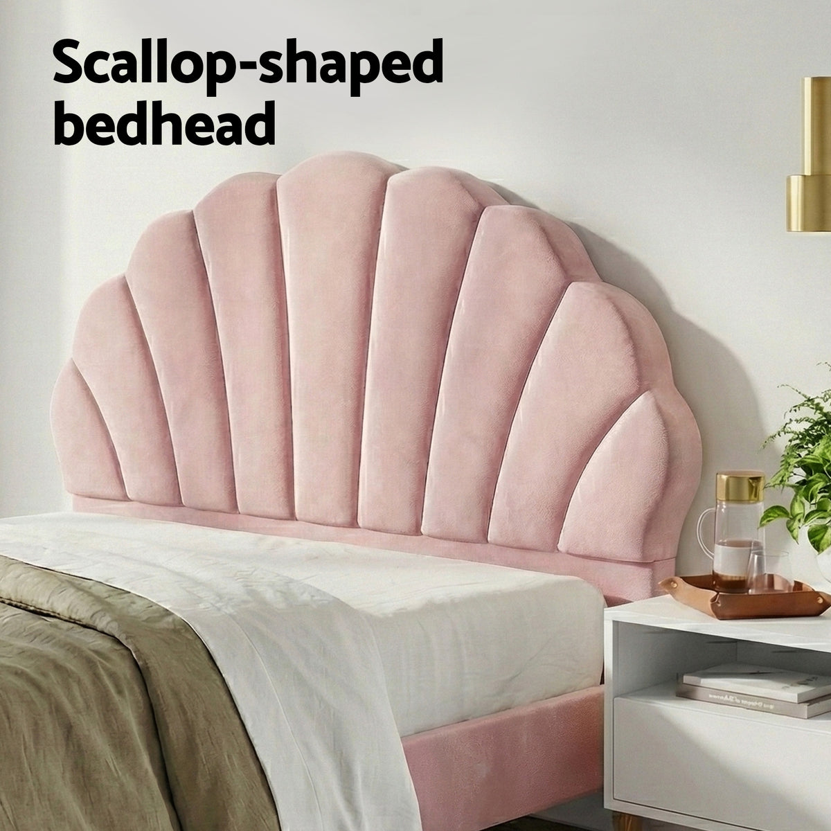 Double Bed Frame + Bedside Tables Set | Scallop Headboard | Pink Velvet | 2 Drawer Nightstands