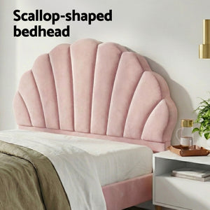 Double Bed Frame + Bedside Tables Set | Scallop Headboard | Pink Velvet | 2 Drawer Nightstands