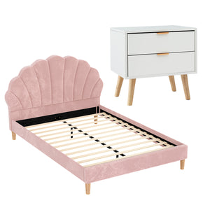 Double Bed Frame + Bedside Tables Set | Scallop Headboard | Pink Velvet | 2 Drawer Nightstands
