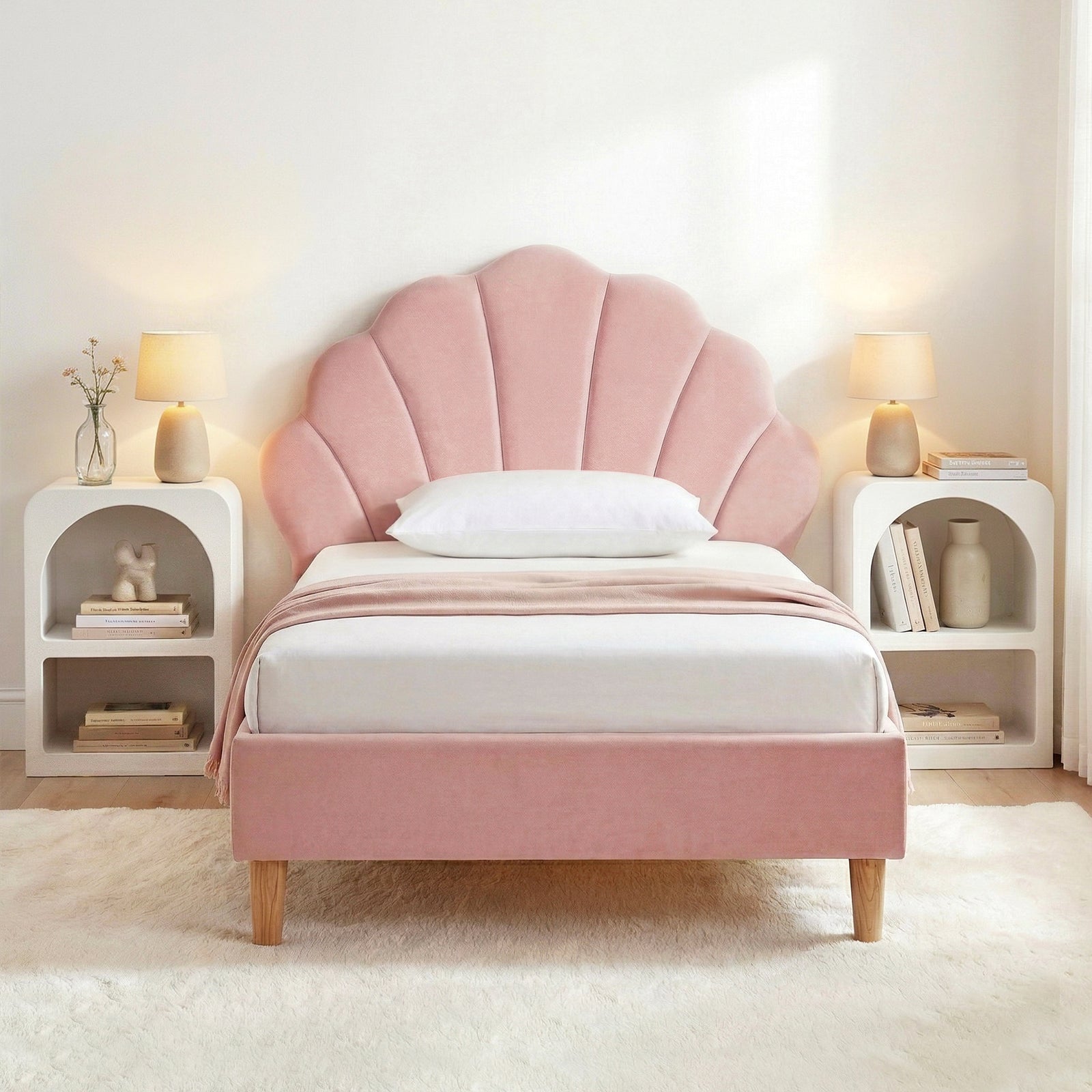 King Single Bed Frame Set | Pink Velvet Scallop Headboard & 2 Bedside Tables