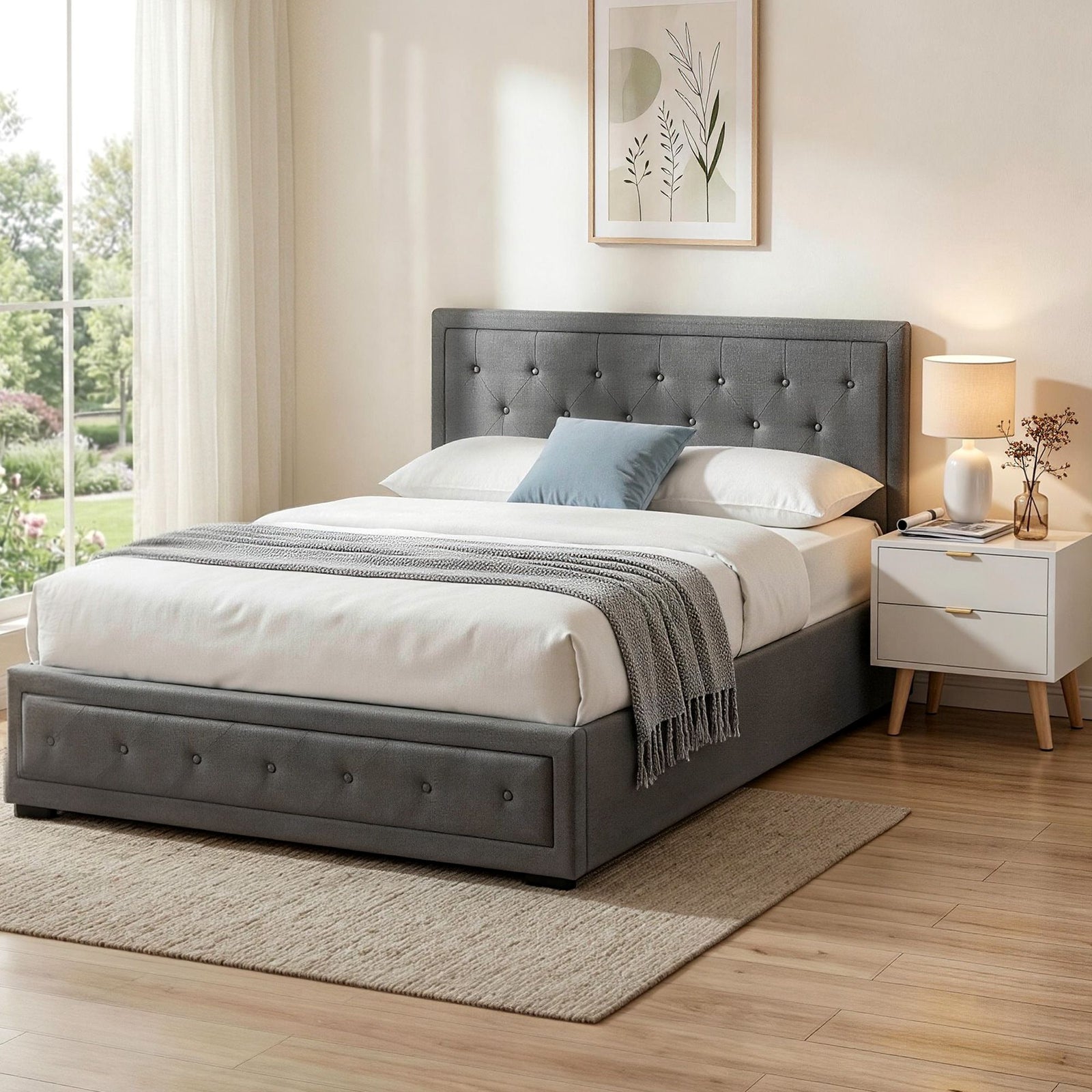 Queen Gas Lift Bed Frame Set | Upholstered Storage Bed & 2-Drawer Bedside Table
