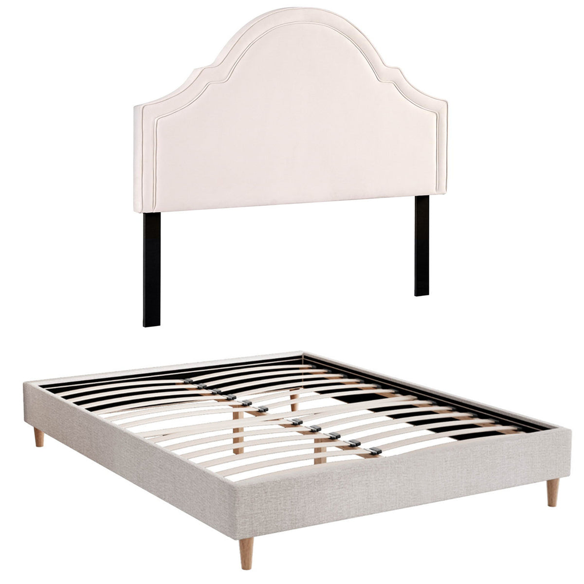 Queen Bed Frame | Scalloped Velvet Headboard | Wooden Platform Base | Storage