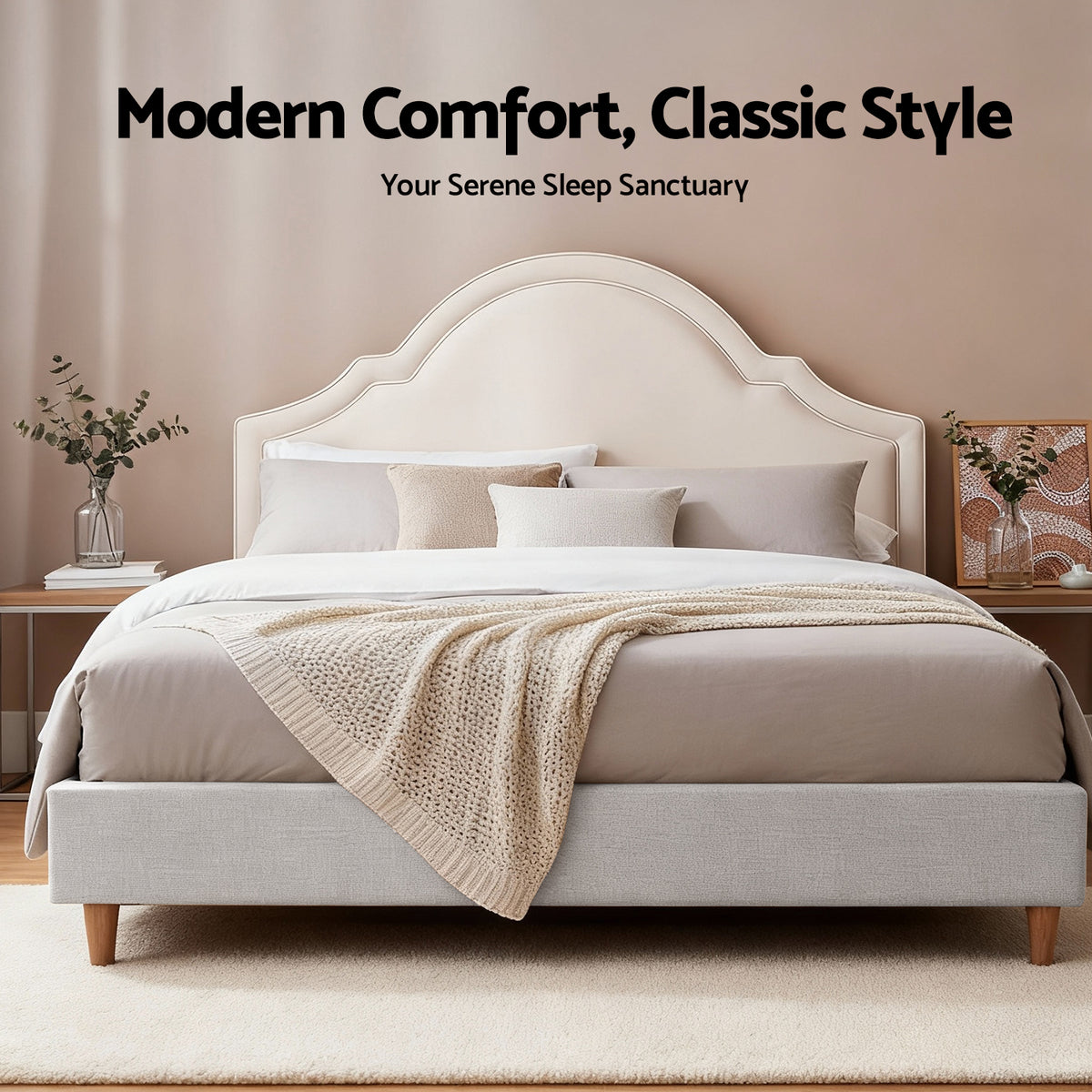 Queen Bed Frame | Scalloped Velvet Headboard | Wooden Platform Base | Storage