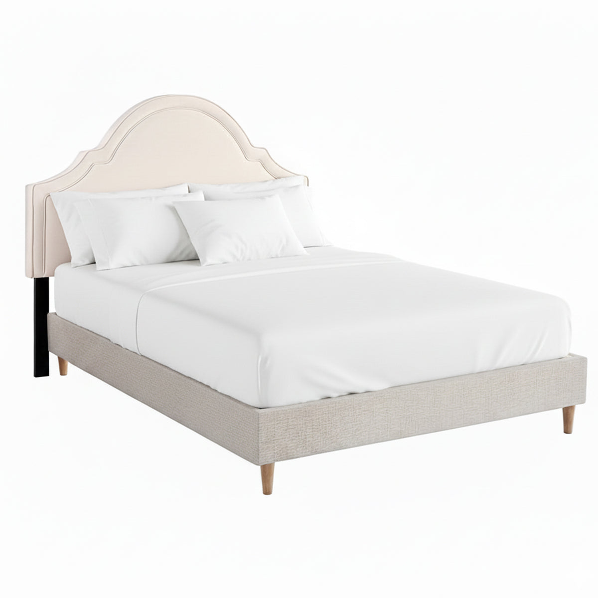 Queen Bed Frame | Scalloped Velvet Headboard | Wooden Platform Base | Storage