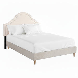 Queen Bed Frame | Scalloped Velvet Headboard | Wooden Platform Base | Storage