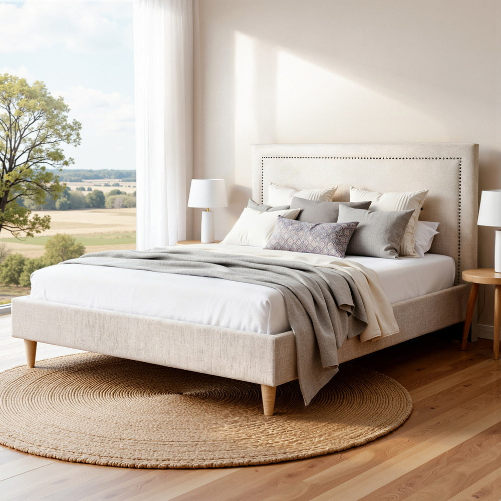 Queen Bed Frame | Upholstered Headboard | Linen Fabric | Beige