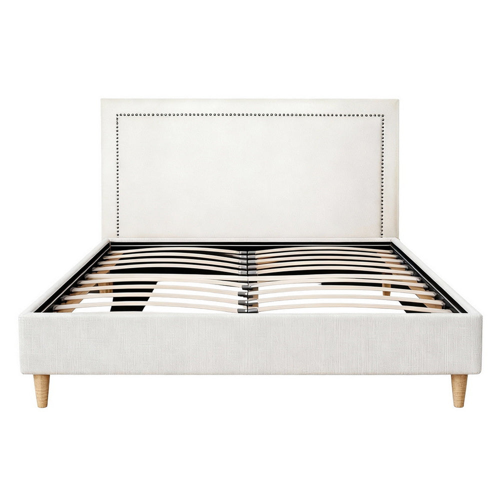 Queen Bed Frame | Upholstered Headboard | Linen Fabric | Beige