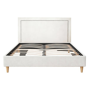 Queen Bed Frame | Upholstered Headboard | Linen Fabric | Beige