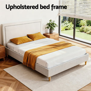 Queen Bed Frame | Upholstered Headboard | Linen Fabric | Beige