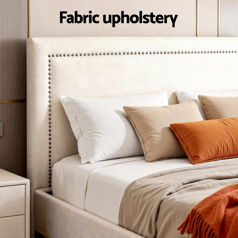 Queen Bed Frame | Upholstered Headboard | Linen Fabric | Beige
