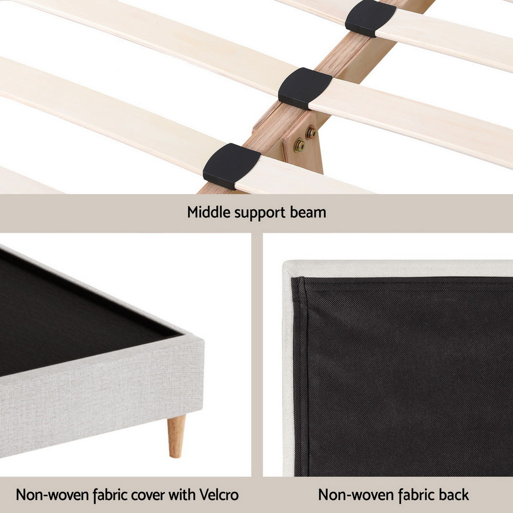 Queen Bed Frame | Upholstered Headboard | Linen Fabric | Beige