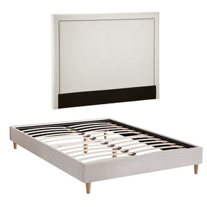 Queen Bed Frame | Upholstered Headboard | Linen Fabric | Beige