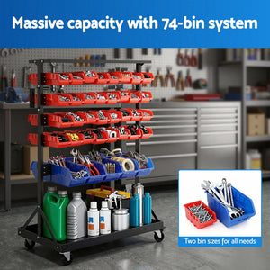 Storage Bins Rack | 74 Bins | Double Sided | Mobile Workshop Organiser