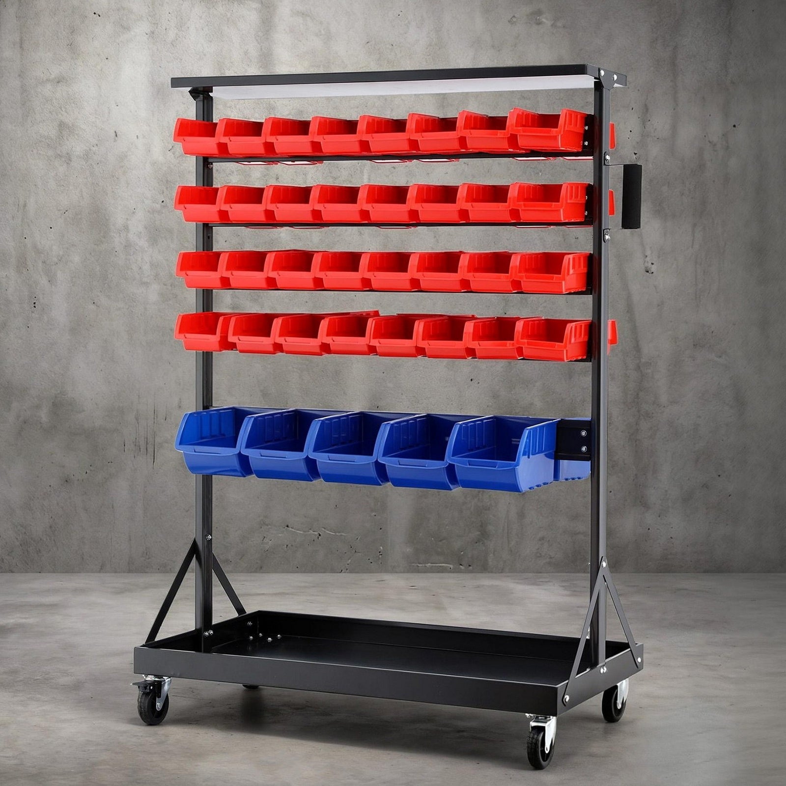 Storage Bins Rack | 74 Bins | Double Sided | Mobile Workshop Organiser
