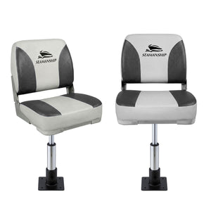 Folding Boat Seats with Pedestals 2 Pack | Low Back | 34–46cm Adjustable | Charcoal