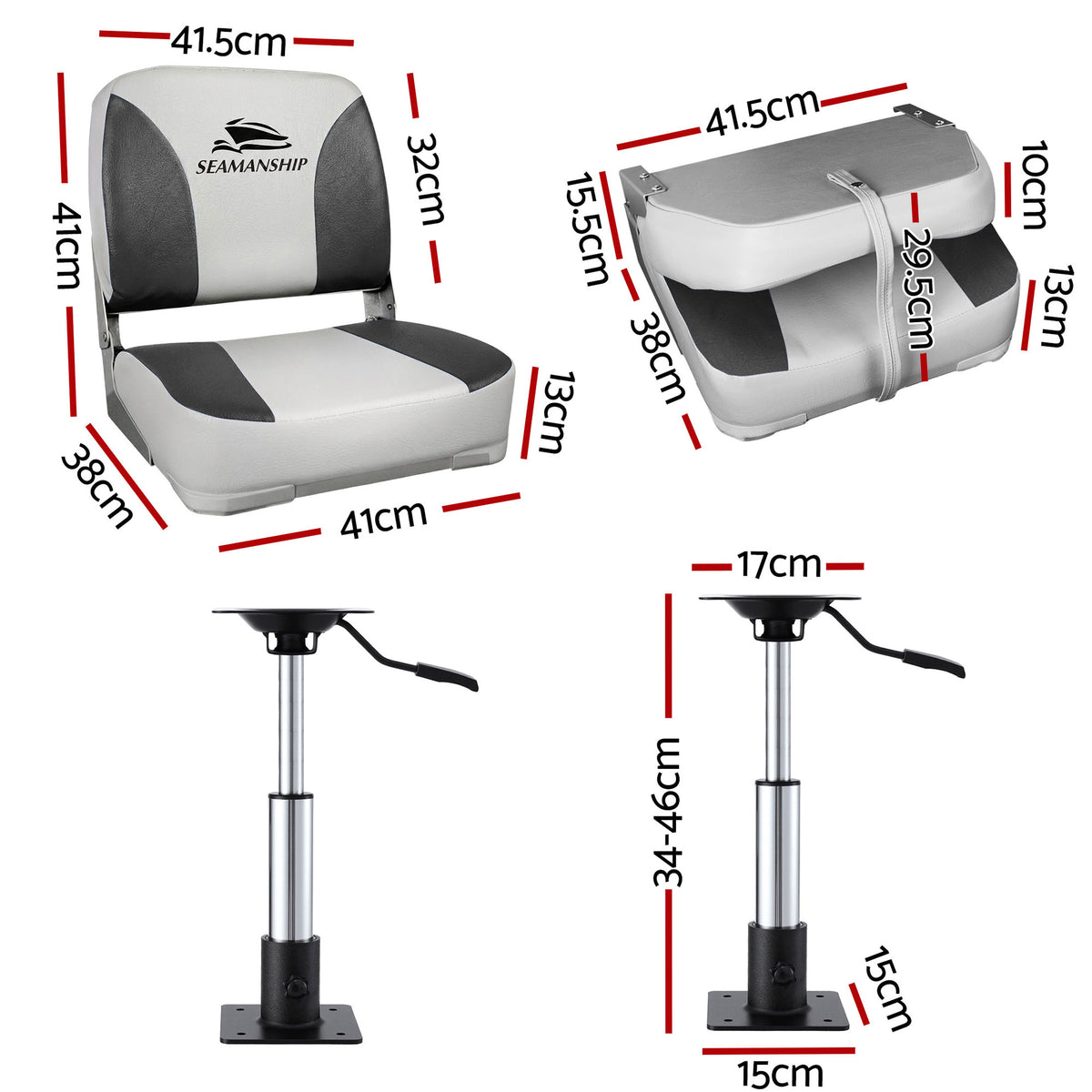 Folding Boat Seats with Pedestals 2 Pack | Low Back | 34–46cm Adjustable | Charcoal