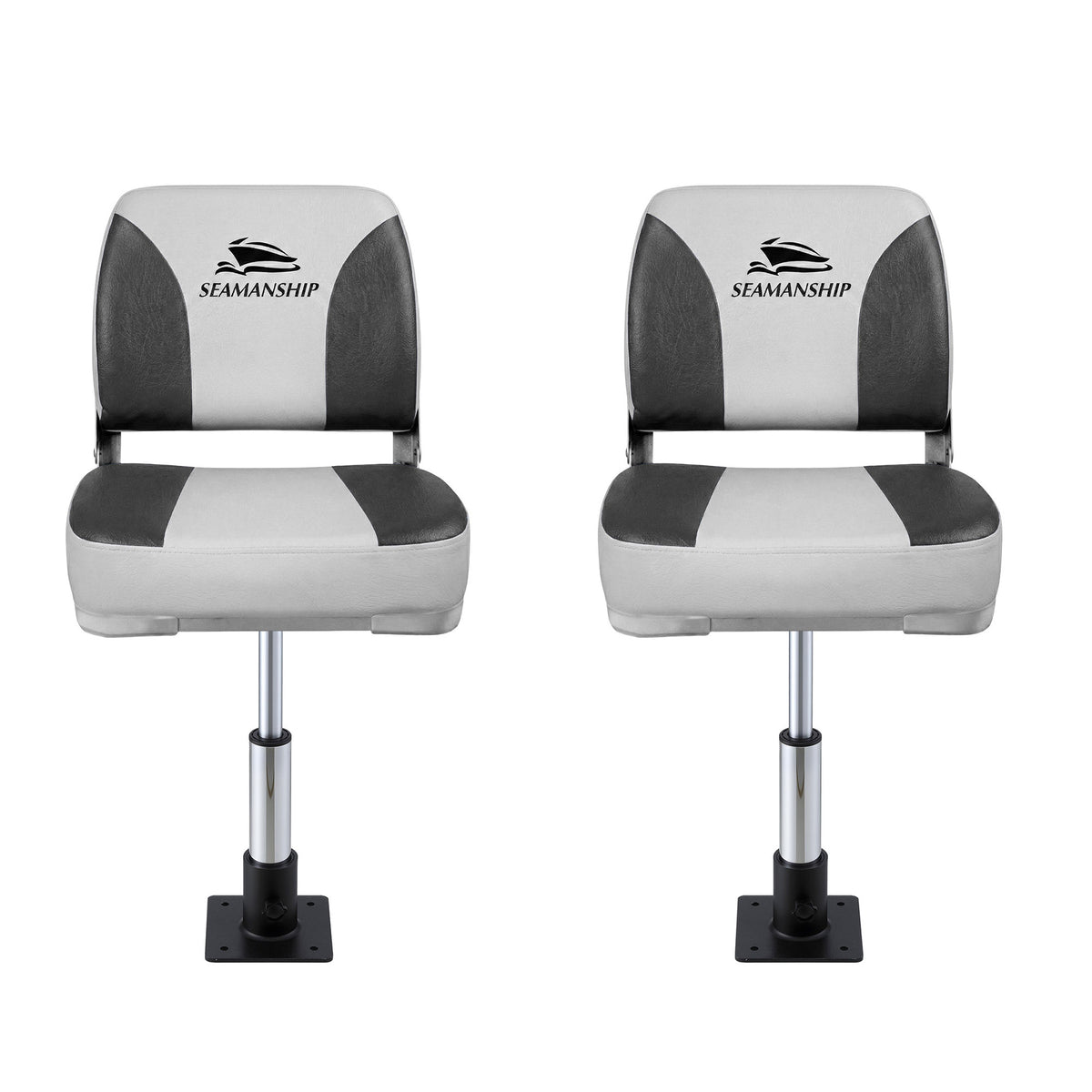 Folding Boat Seats with Pedestals 2 Pack | Low Back | 34–46cm Adjustable | Charcoal