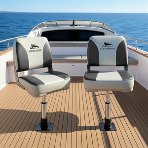 Folding Boat Seats with Pedestals 2 Pack | Low Back | 34–46cm Adjustable | Charcoal