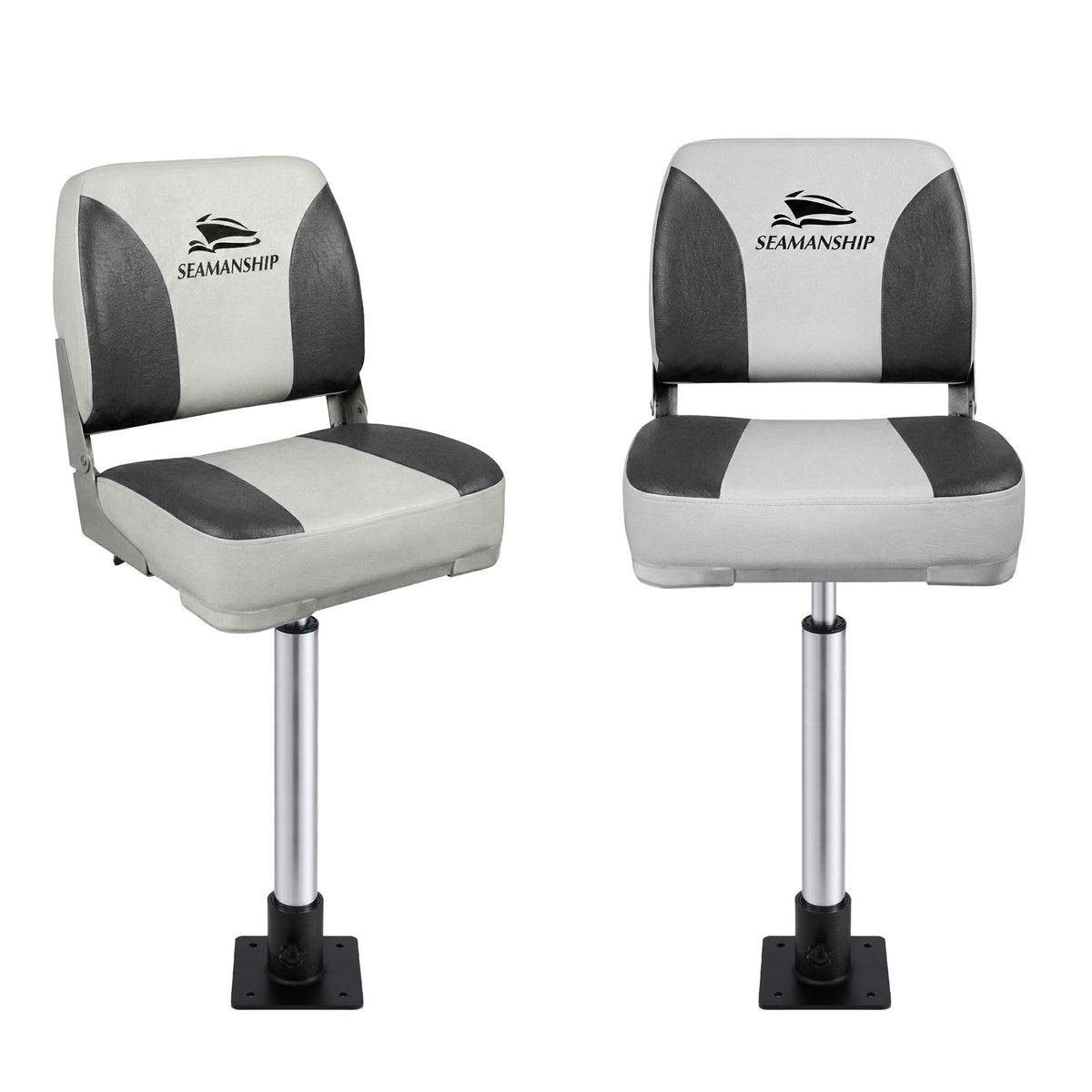 Folding Boat Seats with Pedestals 2 Pack | Low Back | 55–75cm Adjustable | Charcoal