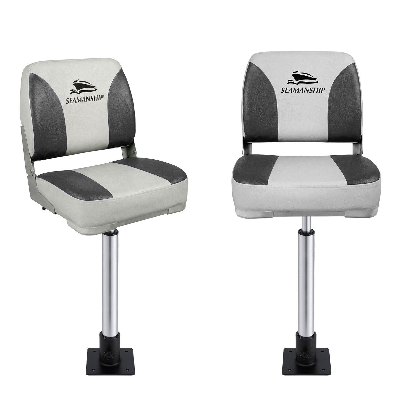 Folding Boat Seats with Pedestals 2 Pack | Low Back | 55–75cm Adjustable | Charcoal