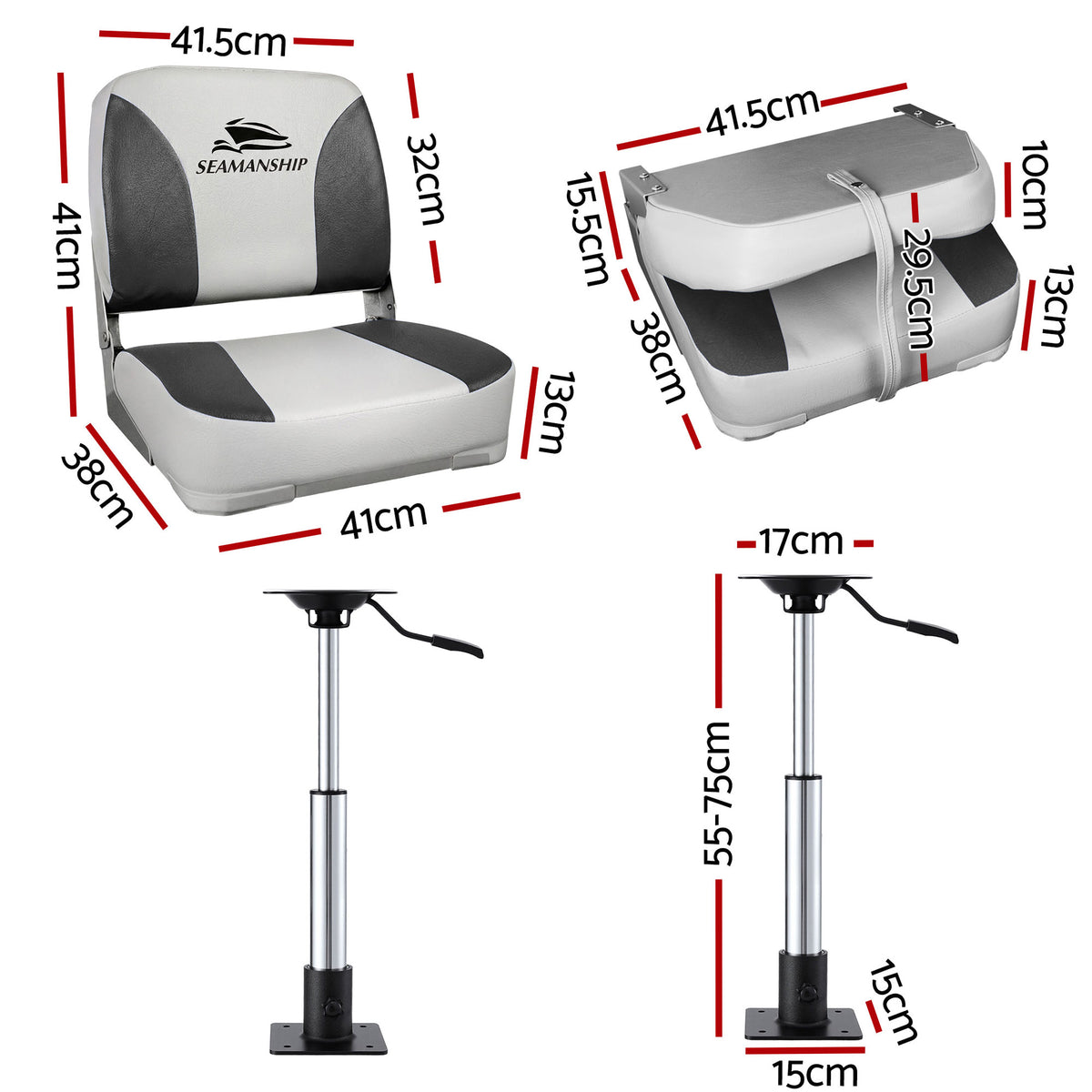Folding Boat Seats with Pedestals 2 Pack | Low Back | 55–75cm Adjustable | Charcoal