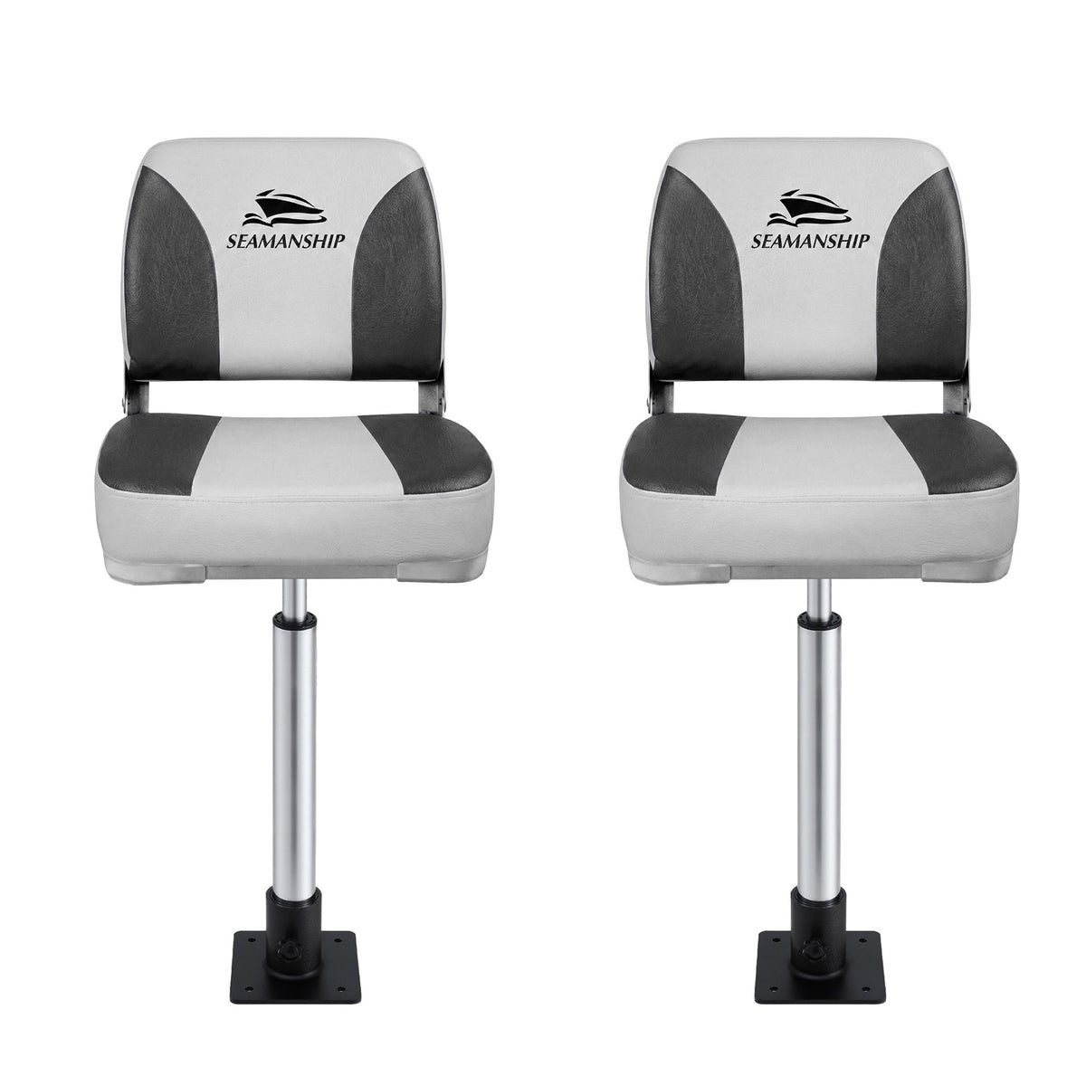 Folding Boat Seats with Pedestals 2 Pack | Low Back | 55–75cm Adjustable | Charcoal