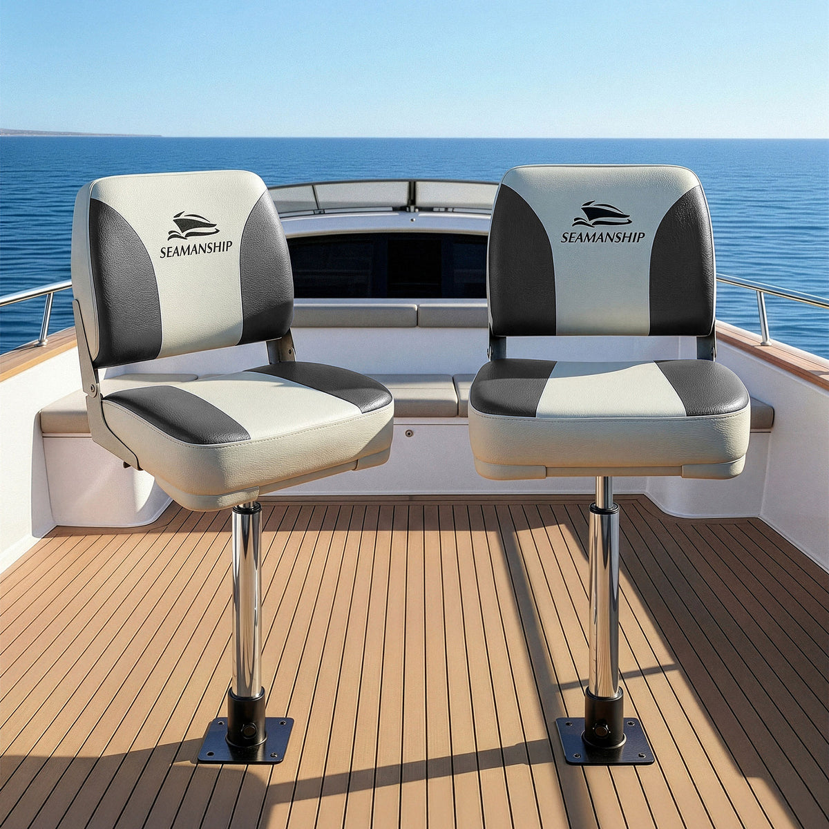 Folding Boat Seats with Pedestals 2 Pack | Low Back | 55–75cm Adjustable | Charcoal