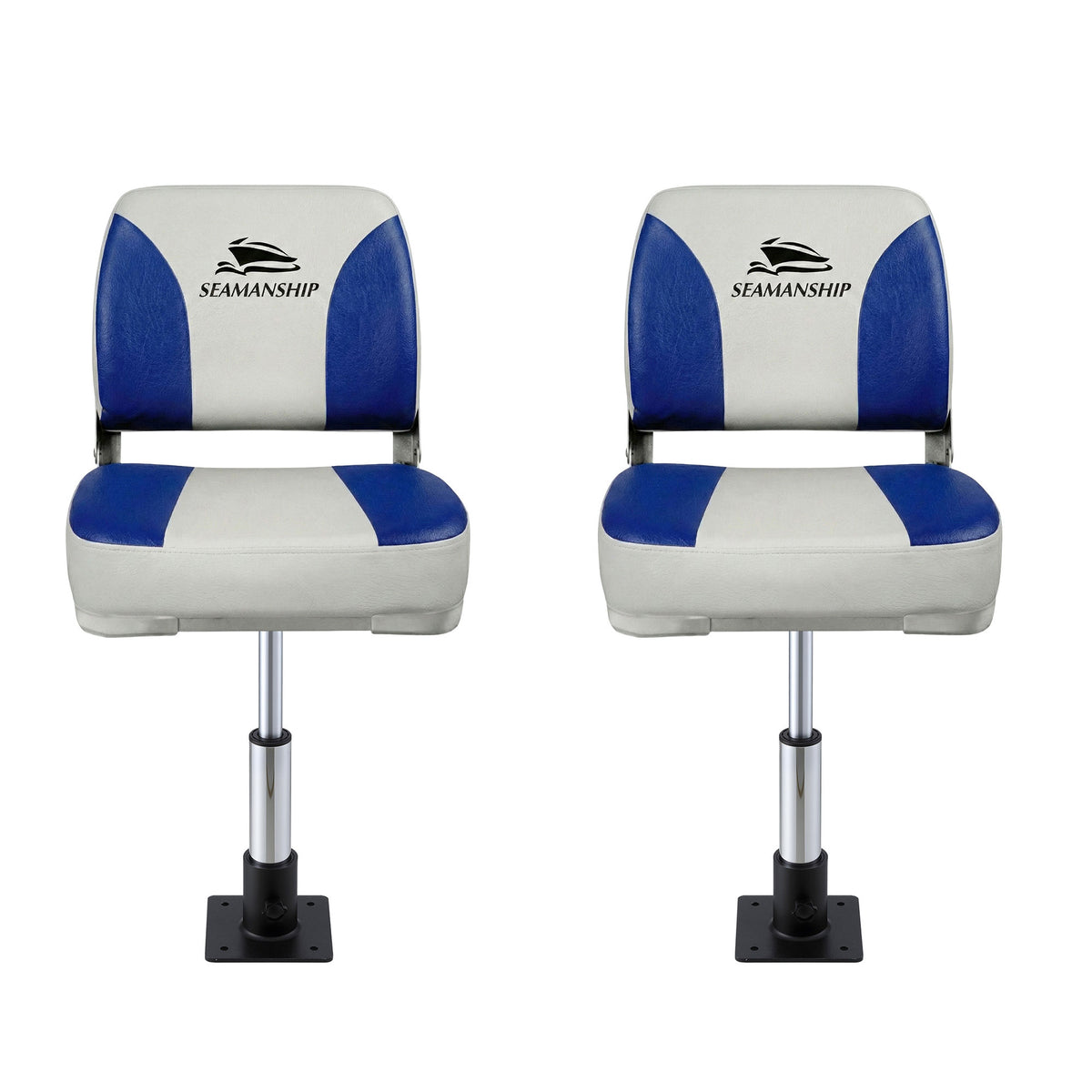 Folding Boat Seats with Pedestals 2 Pack | Low Back | 34–46cm Adjustable | White Blue