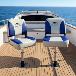 Folding Boat Seats with Pedestals 2 Pack | Low Back | 34–46cm Adjustable | White Blue
