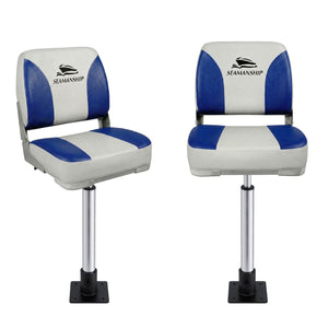 Folding Boat Seats with Pedestals 2 Pack | Low Back | 55–75cm Adjustable | White Blue